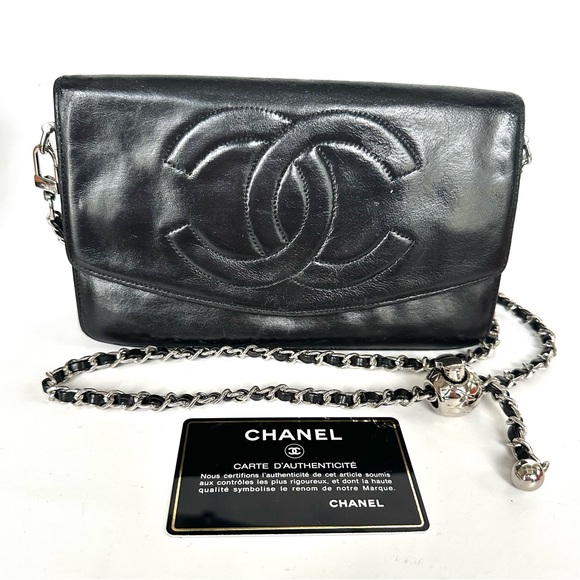 💯 CHA NEL Timeless Black Lambskin Leather Wallet on Chain w/ auth card - Picture 1 of 12